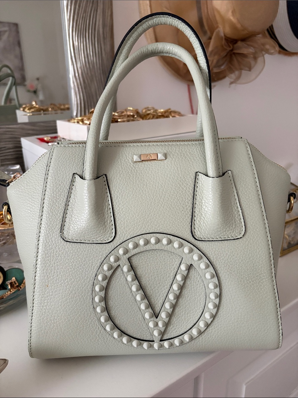 Valentino Light Mint Green Leather V-Stud Satchel Handbag